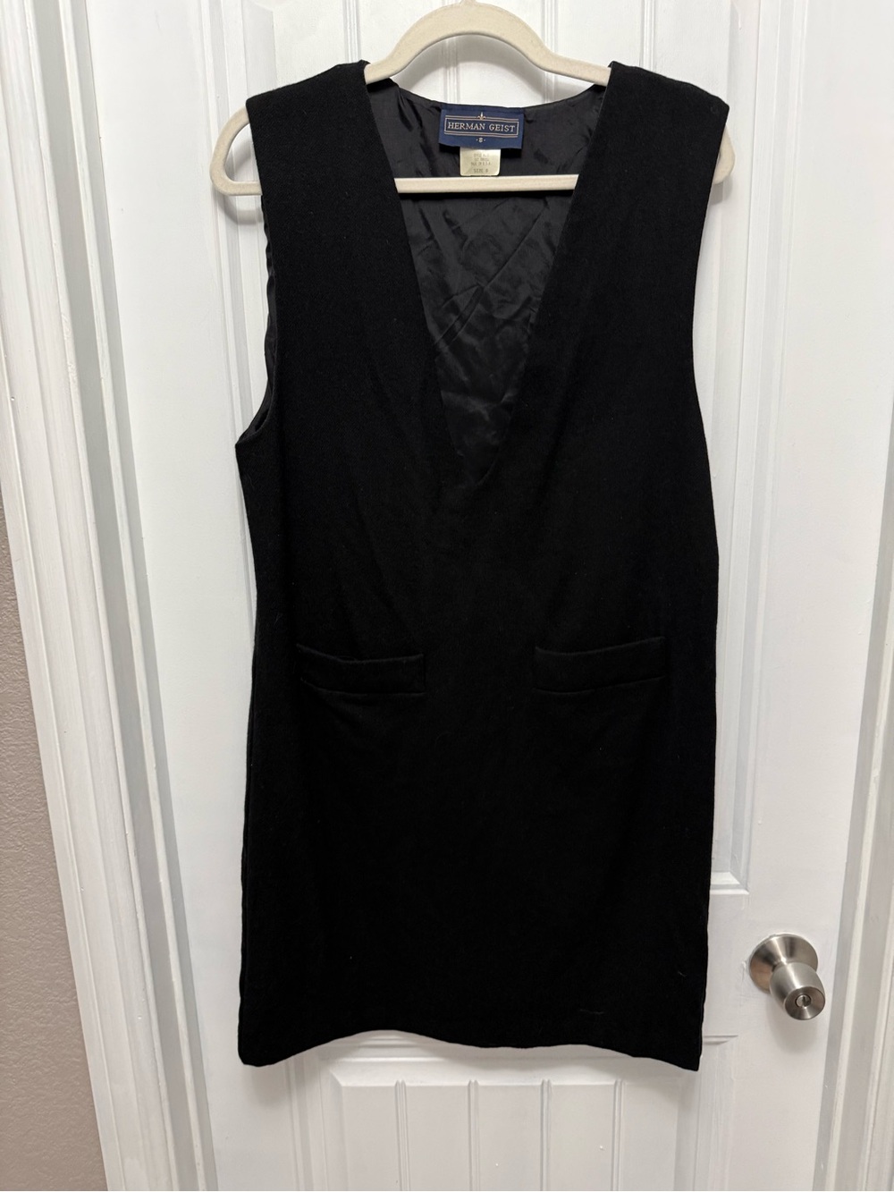 Vintage Herman Geist Black Wool Apron Dress With Pockets Sz 8 (55-11)